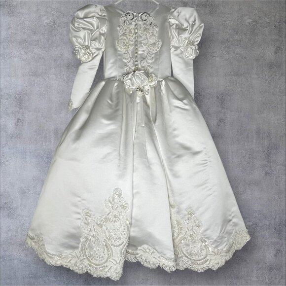 White Satin Girls Dress W/ Embroidered Lace & Beaded Wedding baptism - Picture 11 of 14